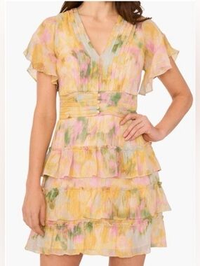 Parker Akira floral mini dress w/ tiered skirt, fluttery sleeves